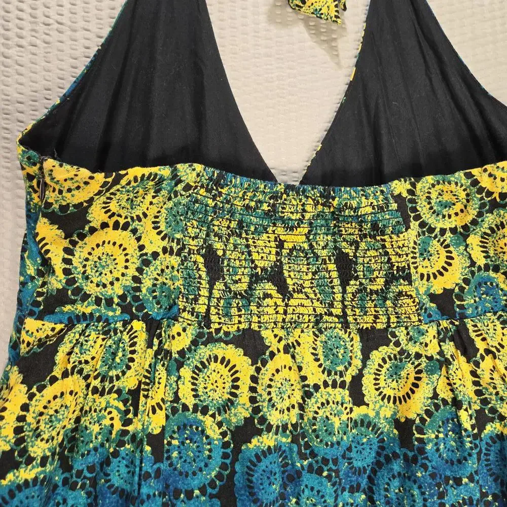Old Navy Y2K Halter Maxi Dress XL Linen Blend Blue Yellow Boho Medallion Print - Picture 3 of 9